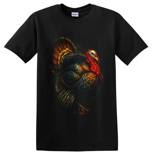 Colorful painterly turkey with fanned tail feathers and glowing orange teal plumage on a Black T Shirt