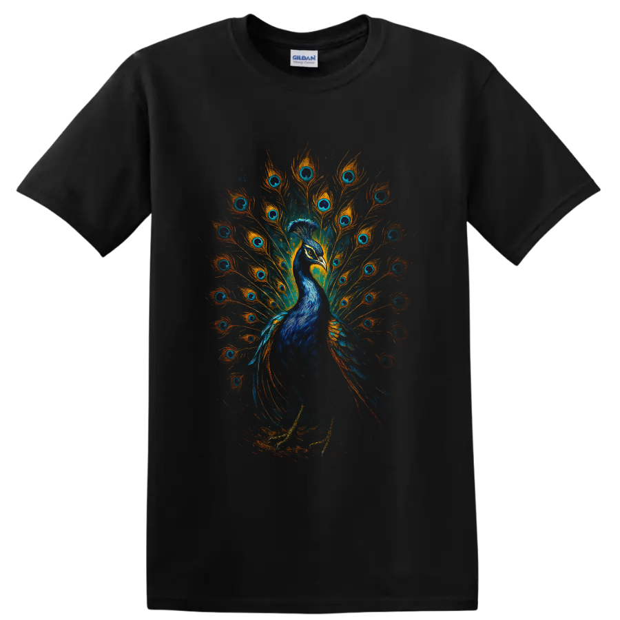Vibrant blue peacock with orange and teal feather fan wildlife art on a Black T Shirt