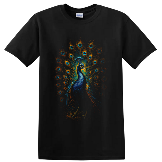 Vibrant blue peacock with orange and teal feather fan wildlife art on a Black T Shirt