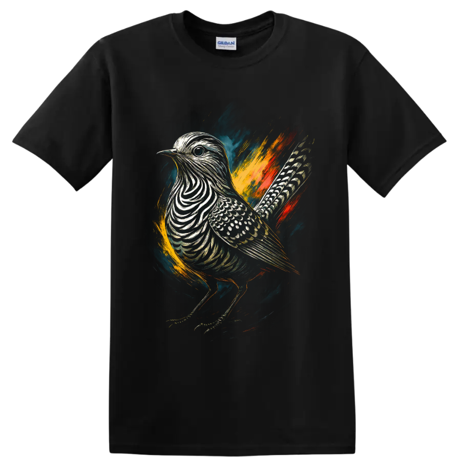 Zebra dove profile in colorful painterly wildlife art with bold brushstrokes on a Black T Shirt