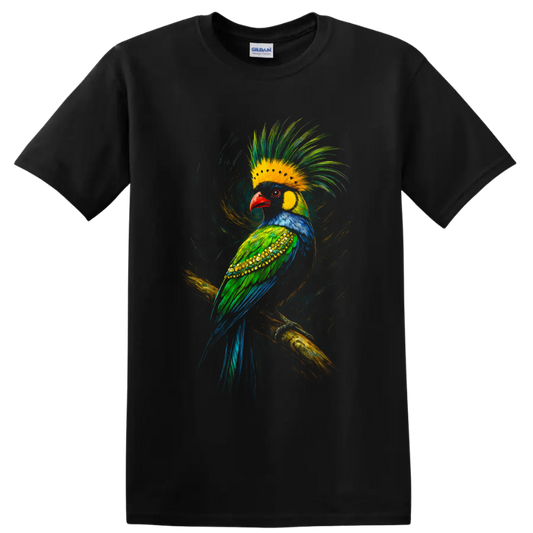 Colorful crested tropical bird in dynamic painted wildlife art perched on a branch on a Black T Shirt