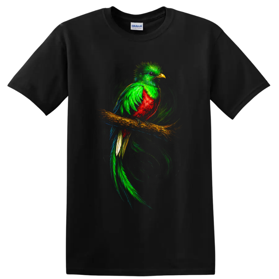Vibrant quetzal perched on a branch with flowing tail and swirling brushstroke art on a Black T Shirt