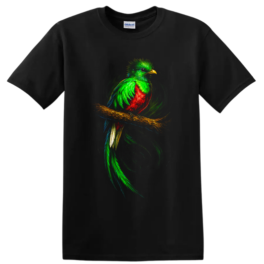 Vibrant quetzal perched on a branch with flowing tail and swirling brushstroke art on a Black T Shirt