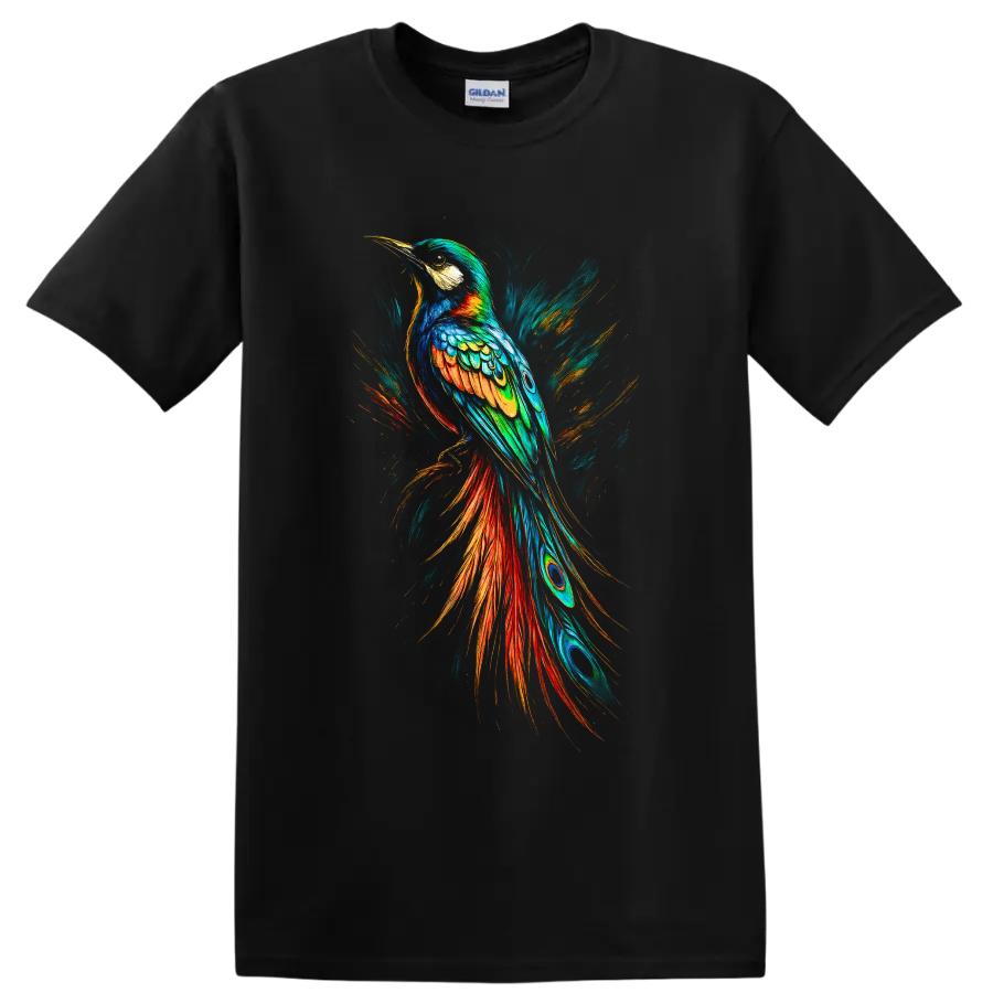 Colorful hornbill in dynamic painterly tropical bird art with flowing feathered tail on a Black T Shirt