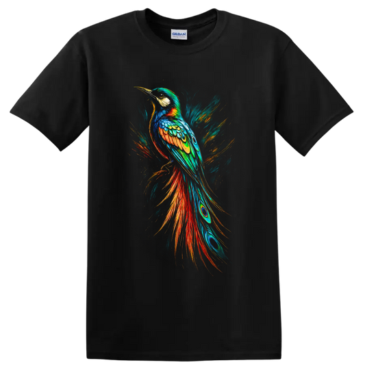 Colorful hornbill in dynamic painterly tropical bird art with flowing feathered tail on a Black T Shirt