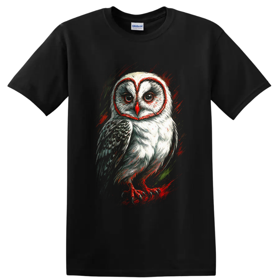 Stylized barn owl portrait in dynamic red and green sketch art on a Black T Shirt