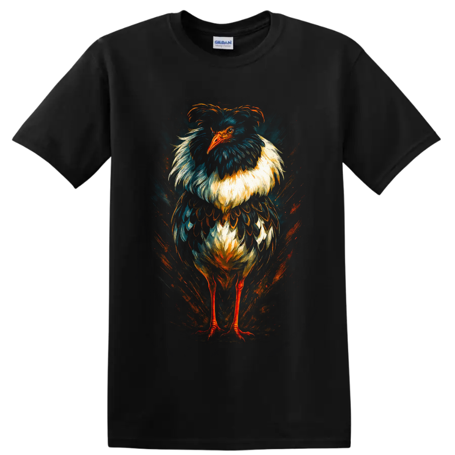 Dramatic painterly secretary bird portrait with teal, cream, and orange feather details on a Black T Shirt