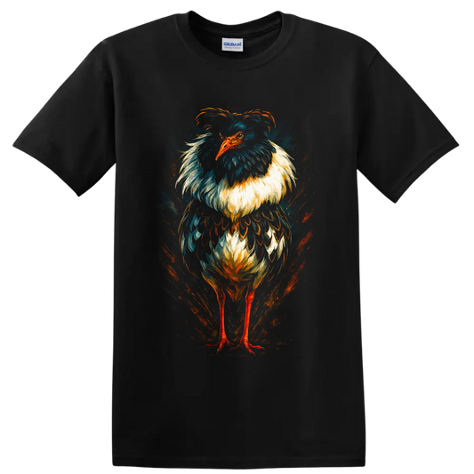 Dramatic painterly secretary bird portrait with teal, cream, and orange feather details on a Black T Shirt