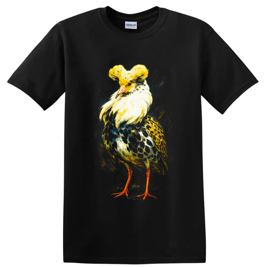 Crested pigeon in colorful realistic painterly wildlife art with a golden crest on a Black T Shirt
