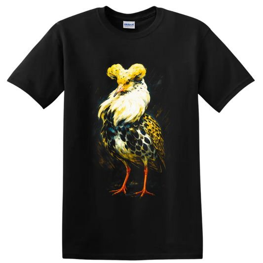 Crested pigeon in colorful realistic painterly wildlife art with a golden crest on a Black T Shirt