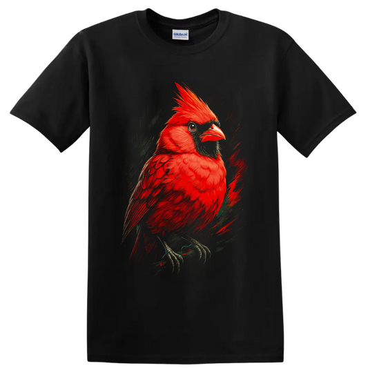 Vibrant red cardinal portrait in painterly brush-stroke wildlife art on a Black T Shirt