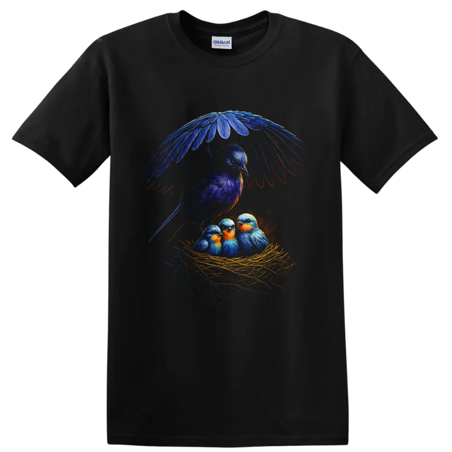 Colorful bluebird parent sheltering three nestlings in a straw nest wildlife illustration on a Black T Shirt