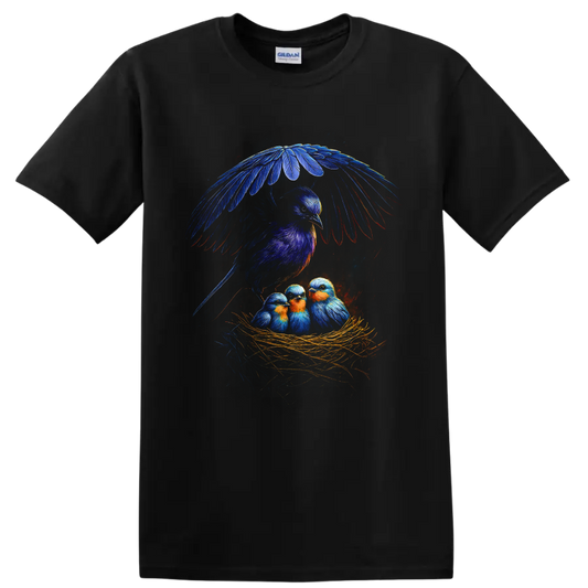 Colorful bluebird parent sheltering three nestlings in a straw nest wildlife illustration on a Black T Shirt
