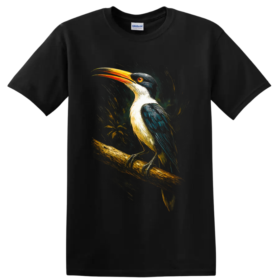 Colorful painterly kingfisher perched on a branch with an orange bill on a Black T Shirt