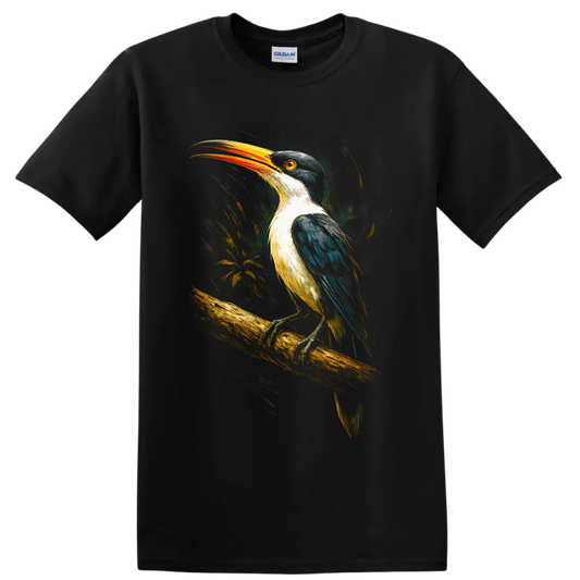 Colorful painterly kingfisher perched on a branch with an orange bill on a Black T Shirt