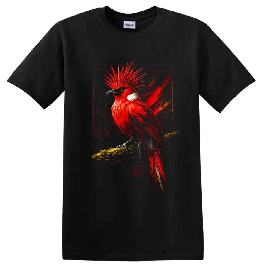 Red-crested cardinal in vivid painterly tropical wildlife art on a branch on a Black T Shirt