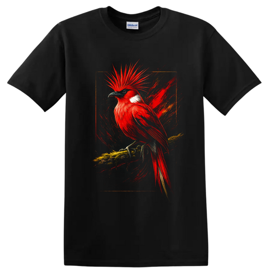 Red-crested cardinal in vivid painterly tropical wildlife art on a branch on a Black T Shirt