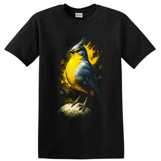 Colorful crested songbird in yellow and blue paint-splash wildlife art on a Black T Shirt