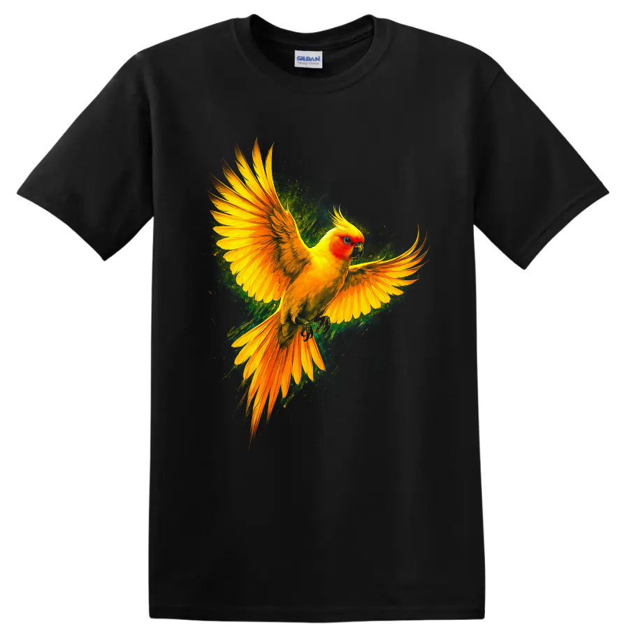 Sun conure parrot in flight with vivid tropical wildlife art on a Black T Shirt