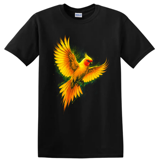 Sun conure parrot in flight with vivid tropical wildlife art on a Black T Shirt
