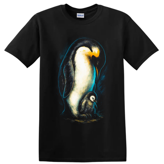 Painterly emperor penguin parent and chick in dramatic blue Antarctic brushstrokes on a Black T Shirt