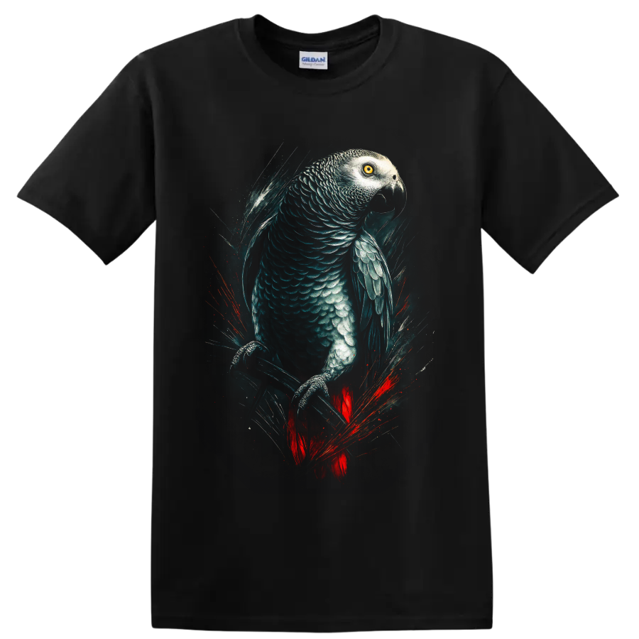Realistic African grey parrot artwork with teal feathers, golden eye, and red tail on a Black T Shirt