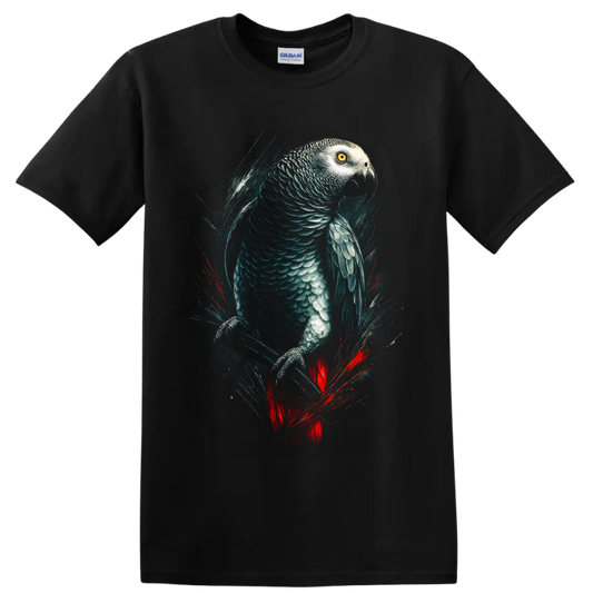 Realistic African grey parrot artwork with teal feathers, golden eye, and red tail on a Black T Shirt