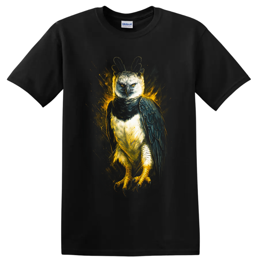 Harpy eagle with raised crest in dramatic golden splash wildlife art on a Black T Shirt