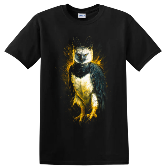 Harpy eagle with raised crest in dramatic golden splash wildlife art on a Black T Shirt