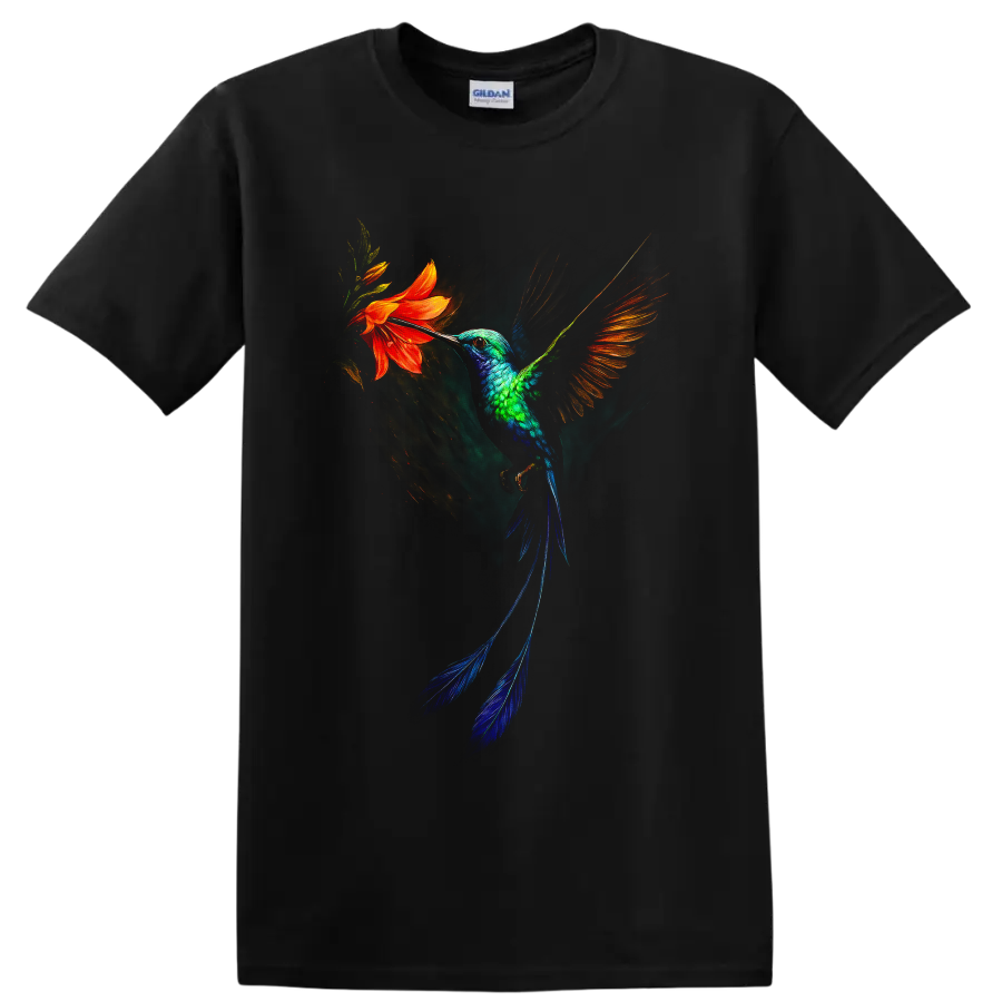 Vibrant painterly hummingbird hovering beside an orange flower on a Black T Shirt