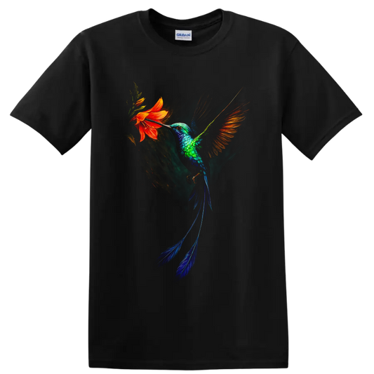 Vibrant painterly hummingbird hovering beside an orange flower on a Black T Shirt