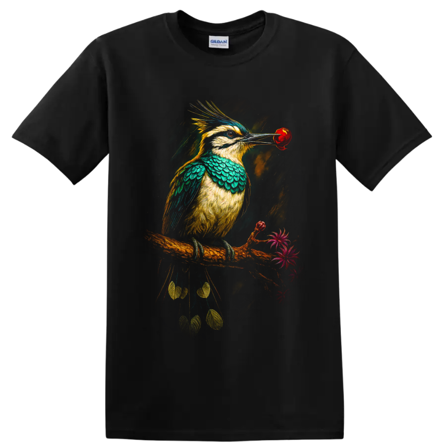 Vibrant modern kookaburra holding a red rose on a flowering branch on a Black T Shirt