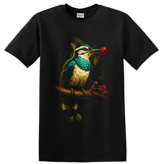 Vibrant modern kookaburra holding a red rose on a flowering branch on a Black T Shirt