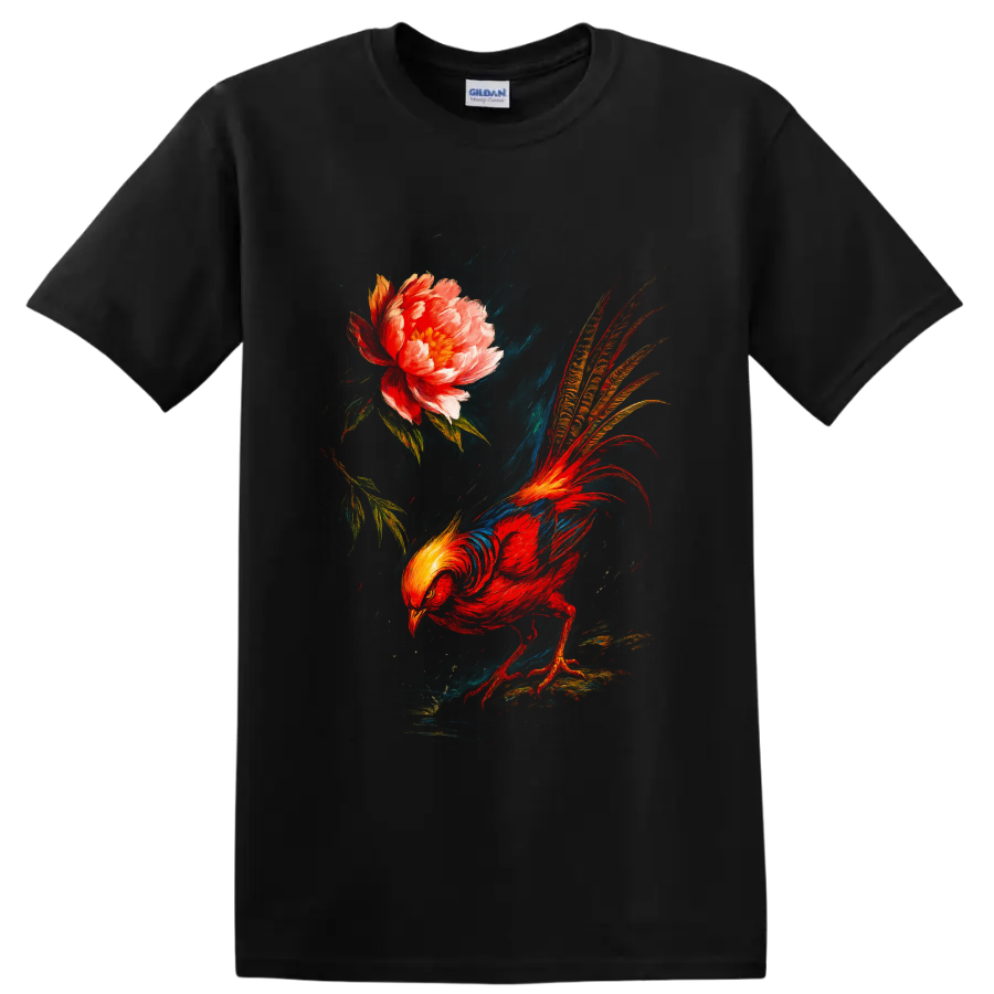 Painterly golden pheasant with long patterned tail beside a blooming peony on a Black T Shirt