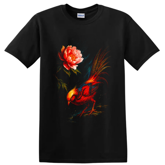 Painterly golden pheasant with long patterned tail beside a blooming peony on a Black T Shirt