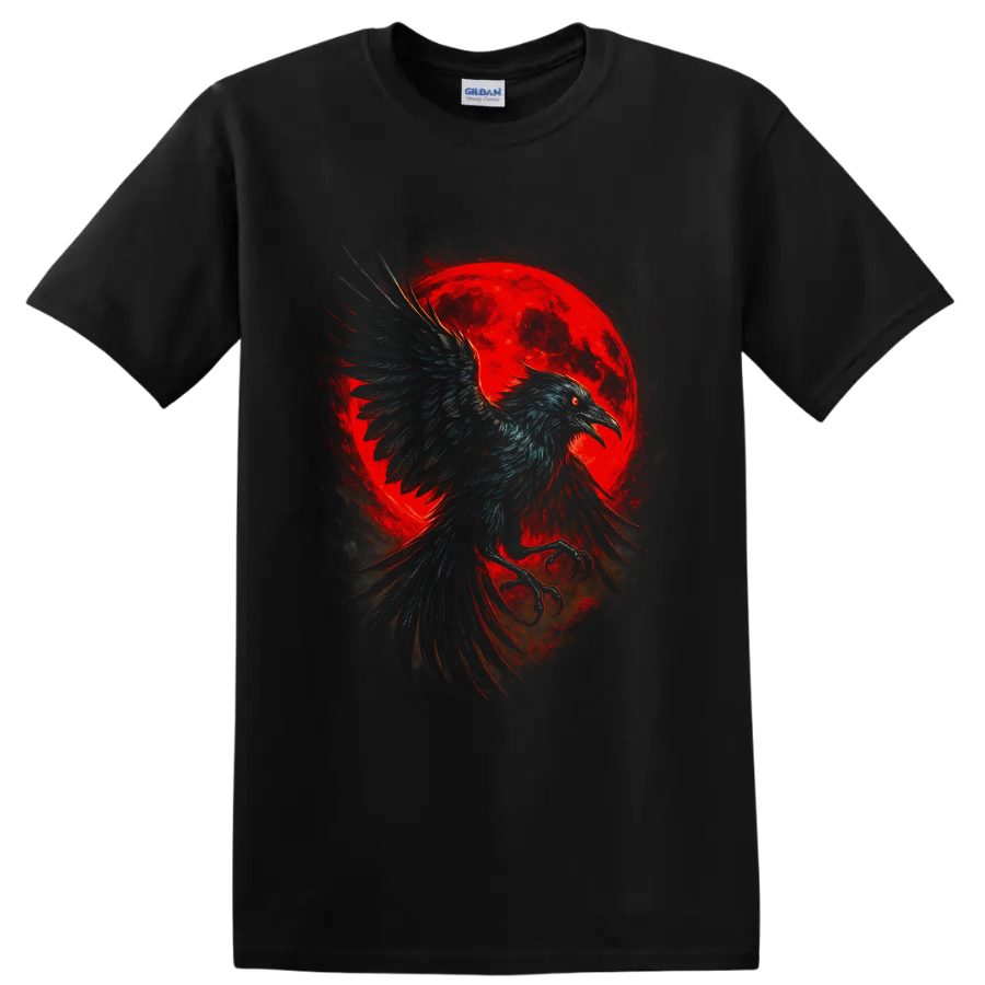Gothic raven in flight before a glowing red moon with smoky painterly shadows on a Black T Shirt