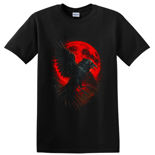 Gothic raven in flight before a glowing red moon with smoky painterly shadows on a Black T Shirt