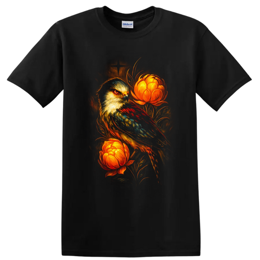 Stylized falcon with glowing orange flowers in dramatic painterly wildlife art on a Black T Shirt