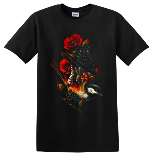 Black-capped chickadee in flight with red poppies in vivid painterly wildlife art on a Black T Shirt