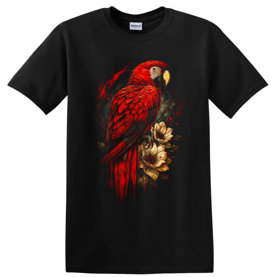 Scarlet macaw parrot with tropical flowers in vivid painterly bird art on a Black T Shirt