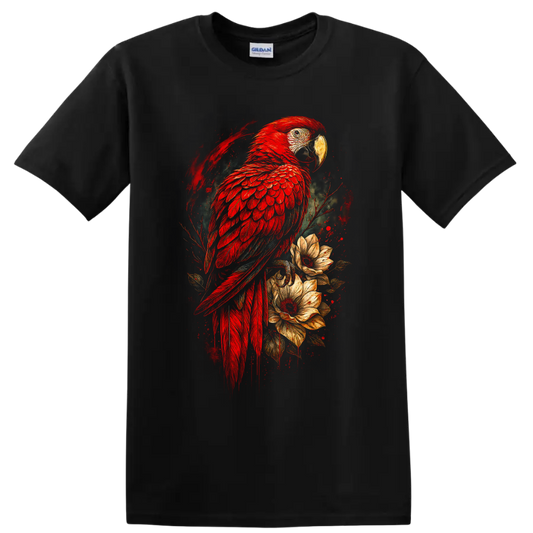Scarlet macaw parrot with tropical flowers in vivid painterly bird art on a Black T Shirt