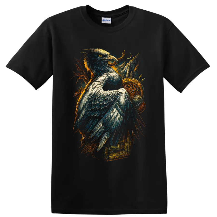 Bald eagle fantasy illustration with mountains, crescent moon, branches, and vintage book on a Black T Shirt