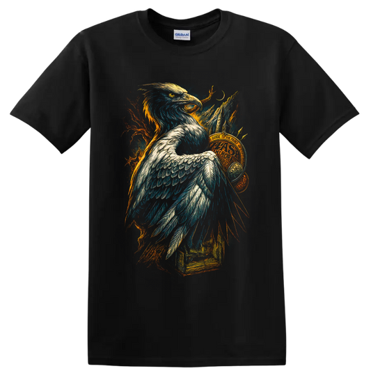 Bald eagle fantasy illustration with mountains, crescent moon, branches, and vintage book on a Black T Shirt