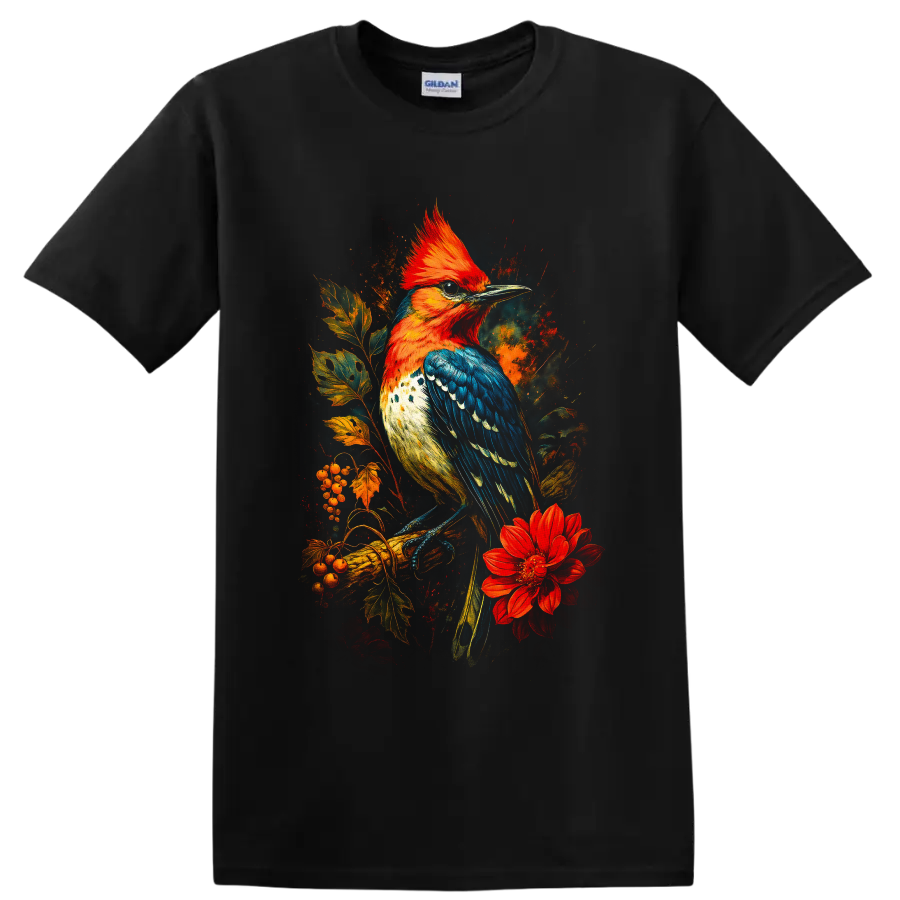 Crested woodpecker with autumn leaves, berries, and red flower in painterly art on a Black T Shirt