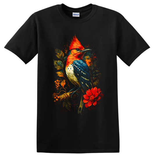Crested woodpecker with autumn leaves, berries, and red flower in painterly art on a Black T Shirt