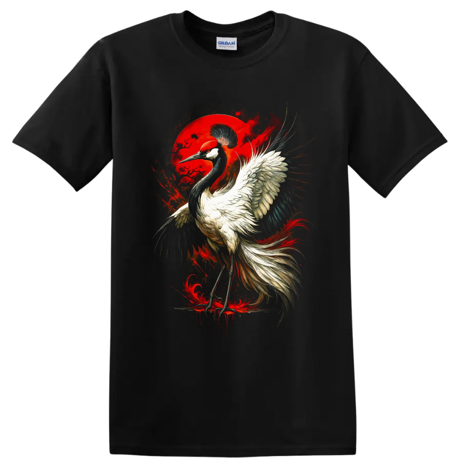 Red-crowned crane with sweeping wings before a crimson moon in gothic bird art on a Black T Shirt