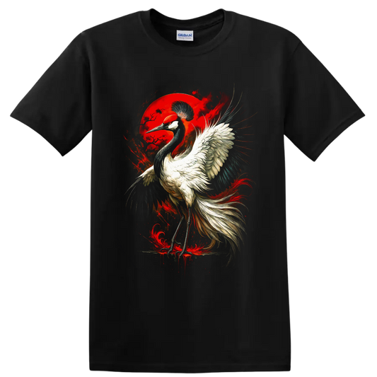 Red-crowned crane with sweeping wings before a crimson moon in gothic bird art on a Black T Shirt