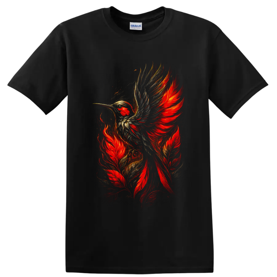 Fiery hummingbird in flight with red feathers and painterly gold wing details on a Black T Shirt
