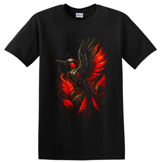 Fiery hummingbird in flight with red feathers and painterly gold wing details on a Black T Shirt