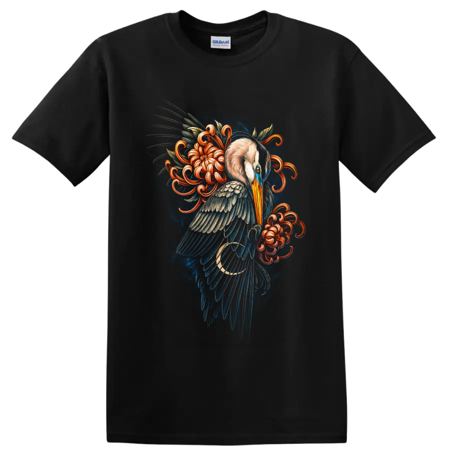Japanese-inspired heron illustration with blue feathers and curling orange flowers on a Black T Shirt